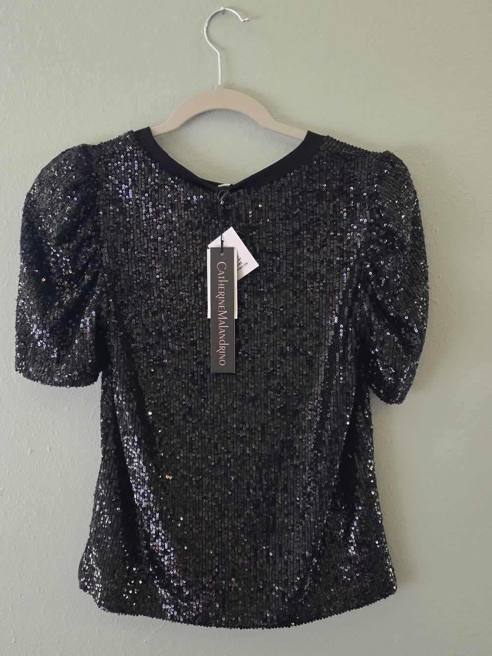 NWT Catherine Malandrino Black Sequin Puff Sleeve Top – Size S